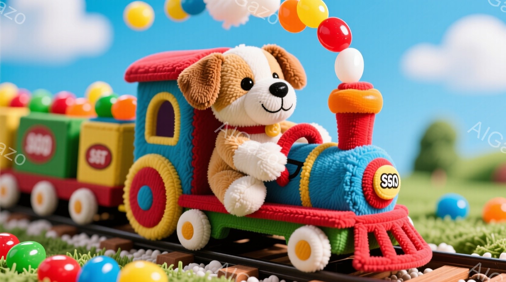 カラフルな蒸気機関車が線路の上を走っており、運転席には茶色のふわふわした犬の人形が座っています。背景には緑の草、カラフルなボール、青い空が広がり、遊園地のような楽しい雰囲気です。蒸気機関車はまるで手作 - AI生成フリー素材