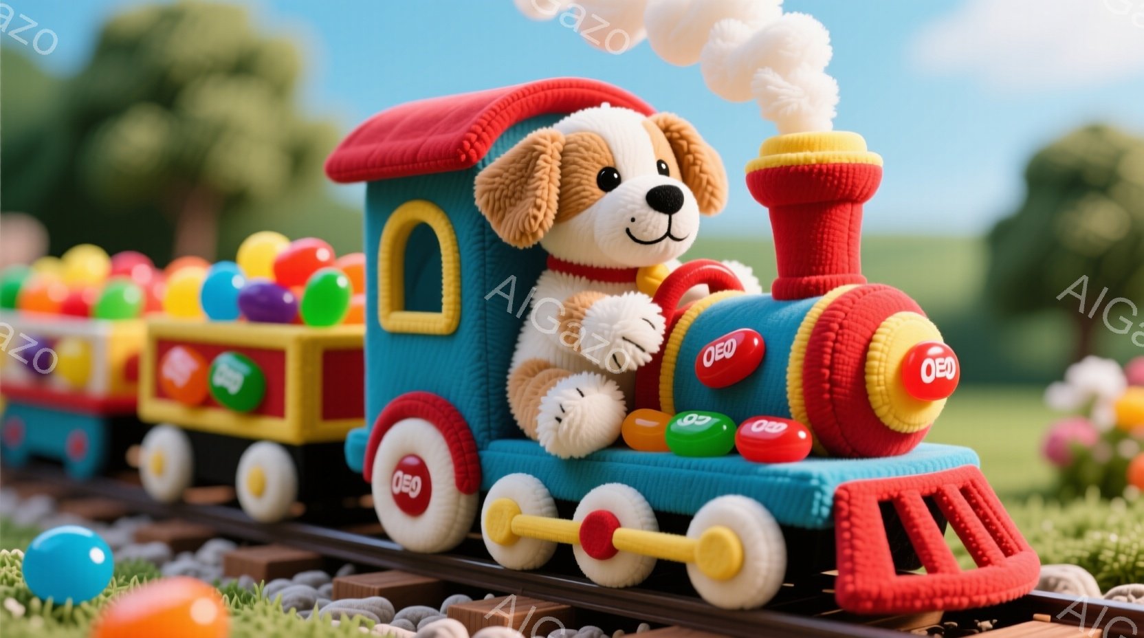 青い蒸気機関車がキャンディで飾られ、その運転席にはふわふわの茶色い子犬のぬいぐるみ、明るい表情でこちらを見ている。機関車の後ろにはカラフルなキャンディが積まれた貨車が連結されており、緑の芝生と花が咲き乱れる背景に、明るく楽しい雰囲気が漂っている。全体的に、おとぎ話のような、子供向けのファンタジー世界を表現している。