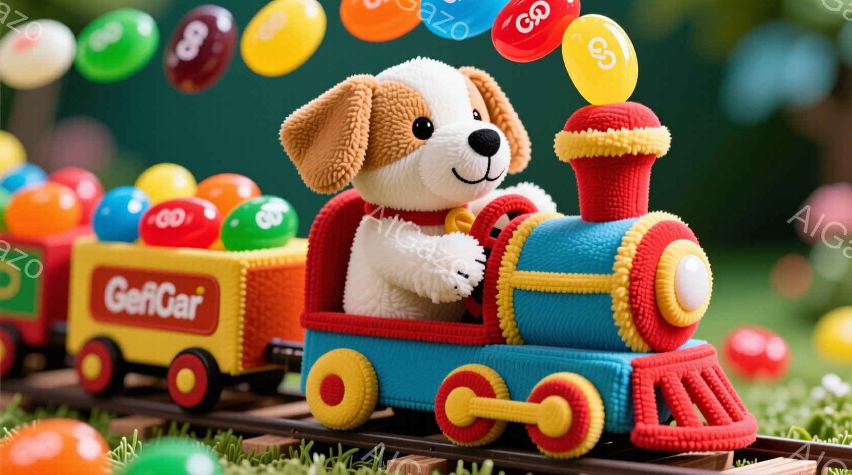 青い蒸気機関車を模したおもちゃの列車が、緑色の芝生の上を走っています。列車の先頭には、茶色と白のふわふわした犬のぬいぐるみが乗っており、嬉しそうな表情をしています。背景には、色とりどりのバルーンが浮か - AI生成フリー素材