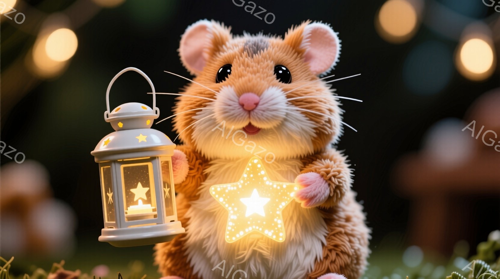 ふわふわの茶色のハムスターが、片手に星形の光るおもちゃ、もう片手に提灯のようなランタンを持って立っています。ハムスターはピンク色の小さな帽子を被っており、丸い顔には愛らしい表情が浮かんでいます。背景に - AI生成フリー素材