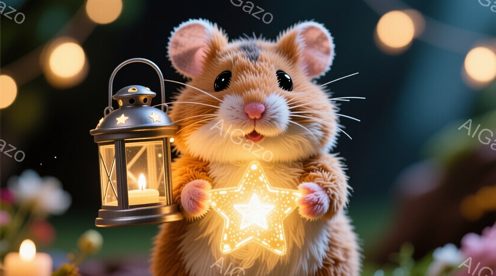 温かい光に包まれた茶色のハムスターが、片手に提灯、もう片手に光る星形の光を手に持っています。ハムスターは口を開け、嬉しそうな表情を浮かべており、ふわふわとした毛並みが可愛らしさを強調しています。背景にはぼんやりとした花々やぼかしの光が散りばめられており、幻想的で温かい雰囲気を醸し出しています。
