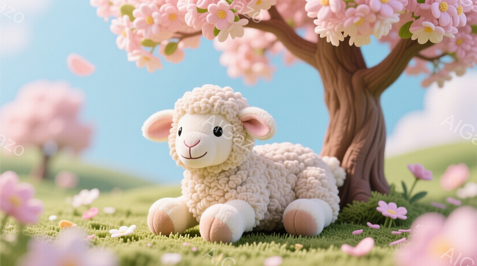 ふわふわの白い羊が、緑の芝生の上でリラックスして横たわっています。背景には、桜の花が咲き乱れる桜の木が立ち並び、ピンク色の花びらが舞い散っています。全体的に、穏やかで牧歌的な春の日の雰囲気が漂っていま - AI生成フリー素材