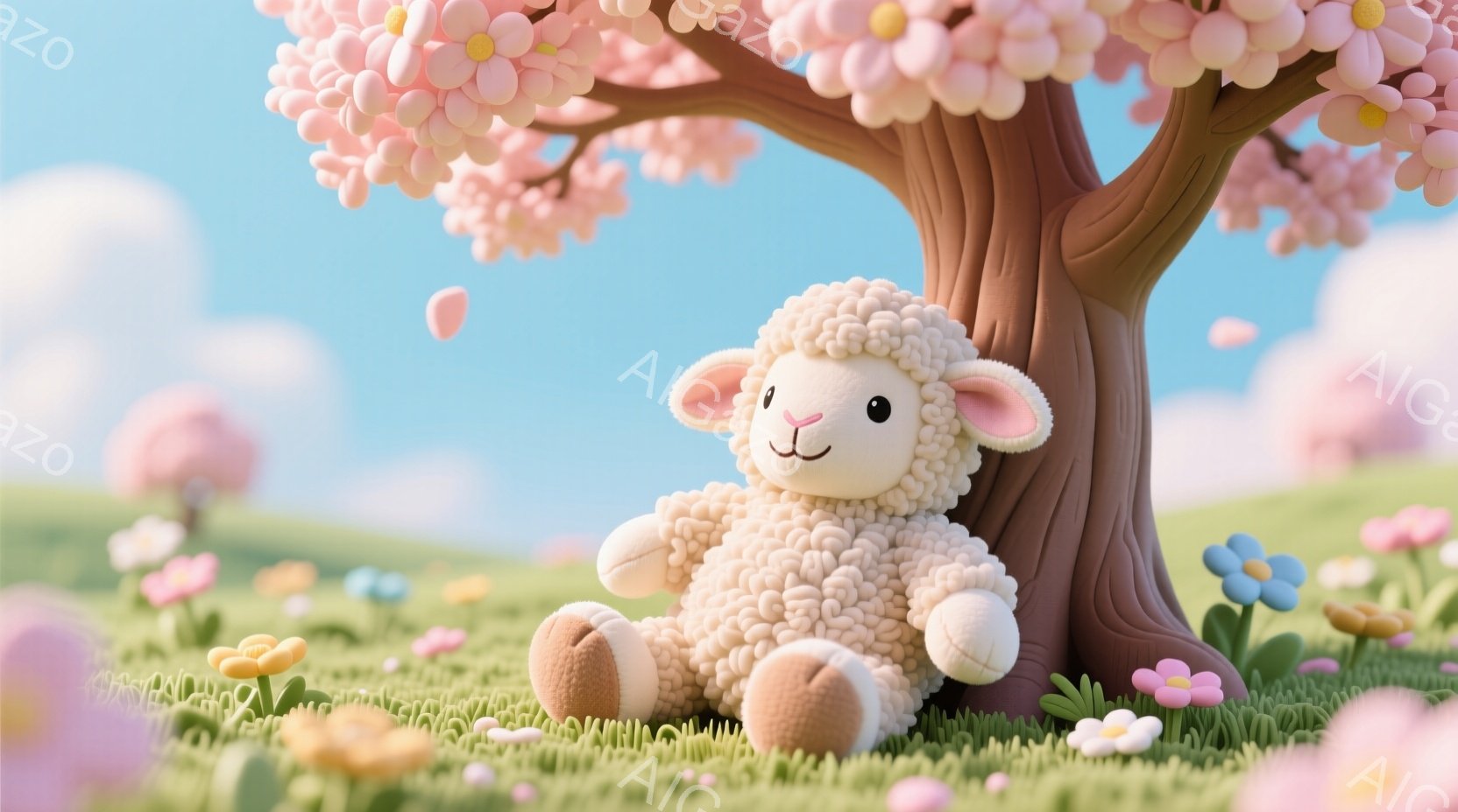 ふわふわの白い羊が、木の根元に座ってリラックスしています。背景には、ピンクの花が咲き誇る木々と緑の草原が広がり、空にはふわふわの雲が浮かんでいます。全体的に、春の穏やかで心地よい雰囲気が漂う、可愛らし - AI生成フリー素材