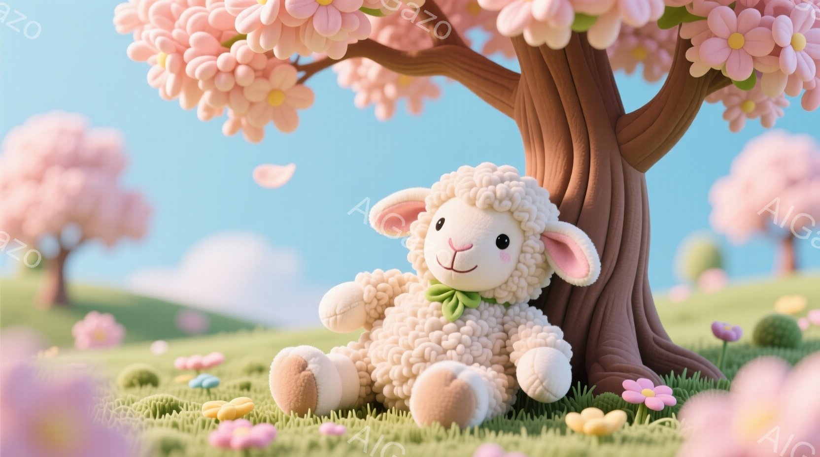ふわふわの白い羊が、ピンク色の桜の花が咲き誇る草原の木のそばに座っています。羊は緑色のシンプルなスカーフを首に巻き、穏やかな表情でリラックスしています。背景には、他の桜の木々が咲き、明るく晴れた空が広 - AI生成フリー素材