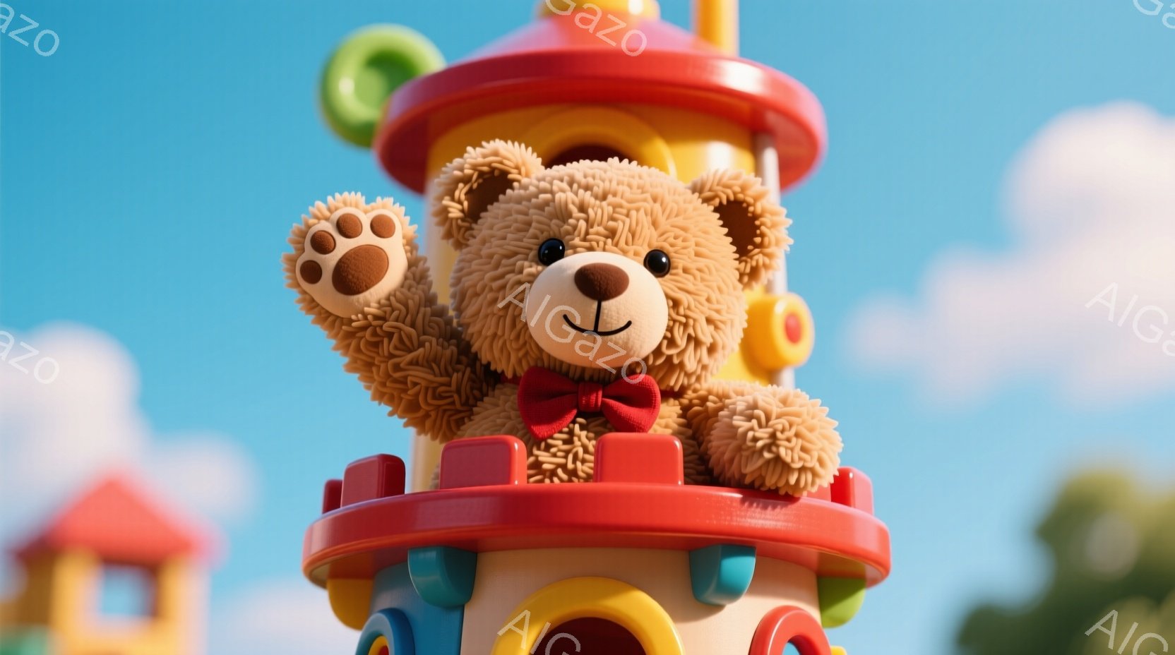 ふわふわの茶色のテディベアが、カラフルな積み重ねられたおもちゃの塔の上に座っています。赤いリボンをつけており、片手を上げて笑顔でこちらを見ています。背景には青空と緑豊かな木々が見え、明るく晴れた日の遊 - AI生成フリー素材