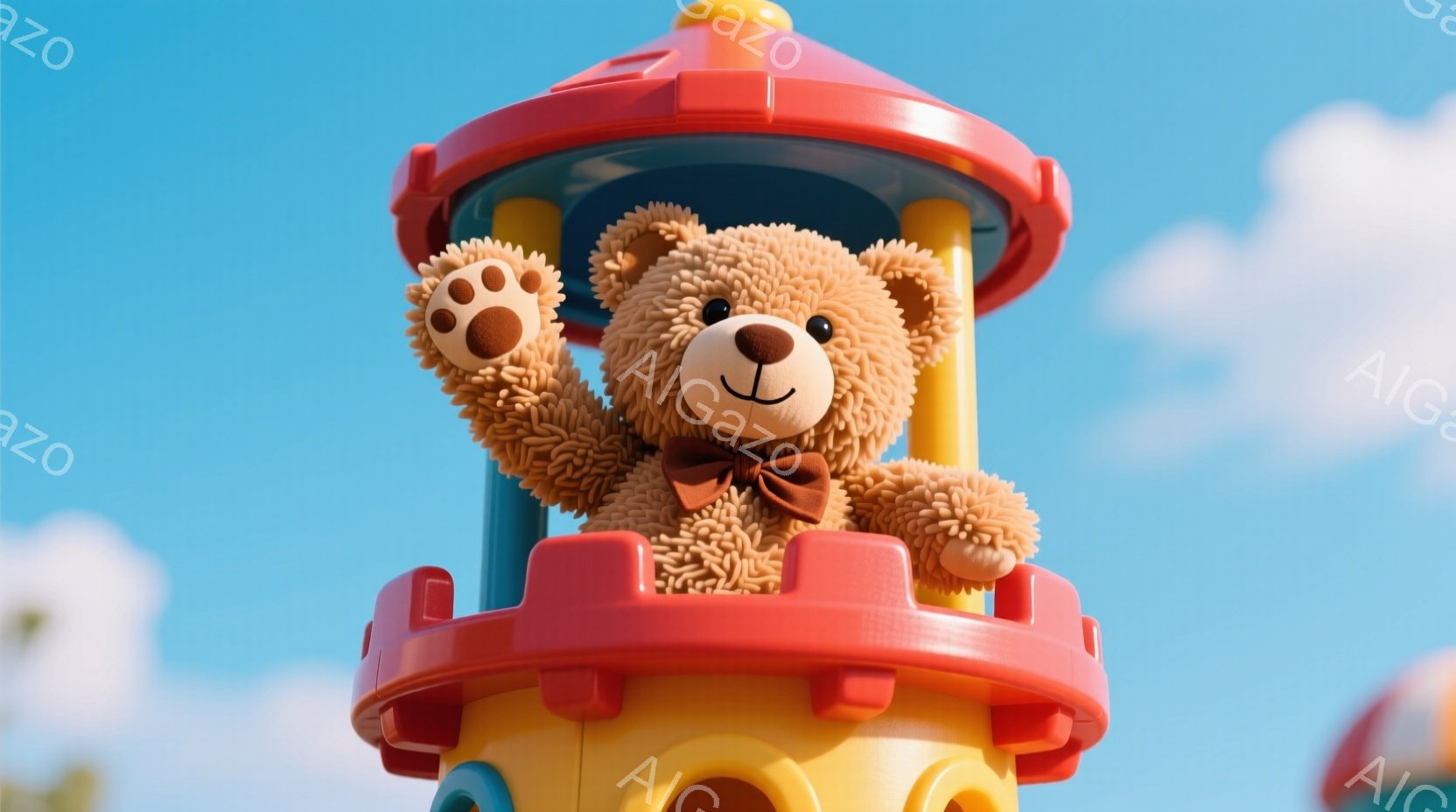 ふわふわの茶色のテディベアが、カラフルな塔の頂上に座って、片手を上げています。リボンの蝶ネクタイを付け、笑顔を見せており、背景には青空と白い雲が広がっています。全体的に、明るく、遊び心のある、お祭りや遊園地を思わせる雰囲気です。