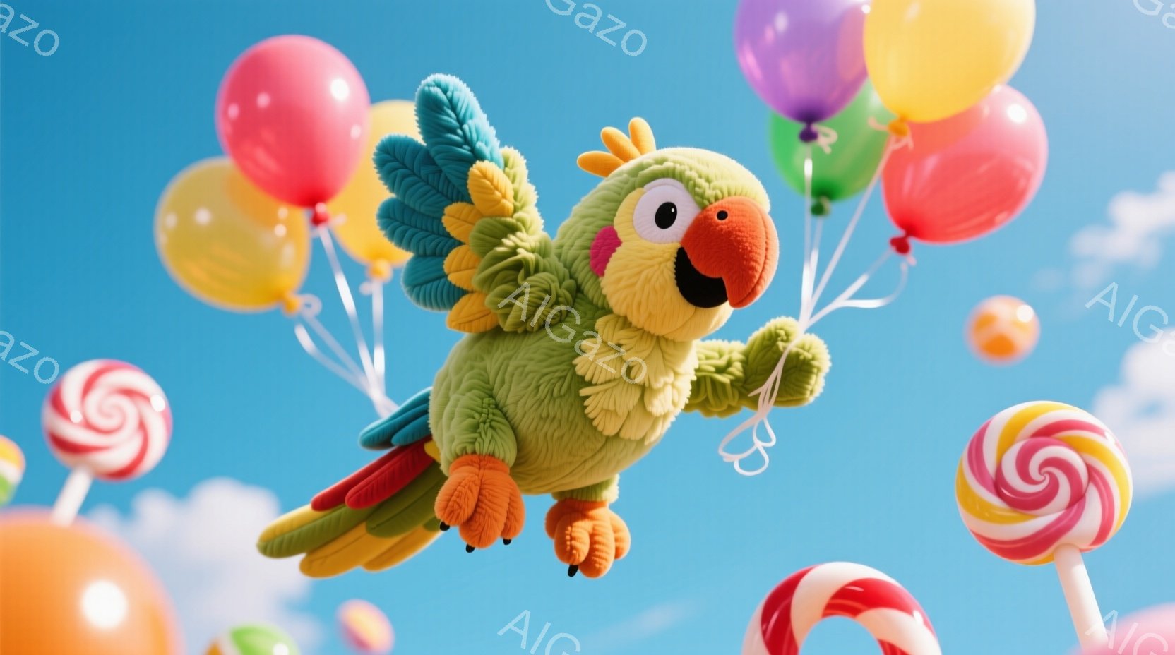 ふわふわとした緑色のオウムが、カラフルな風船とキャンディに囲まれて空中に浮かんでいます。オウムはオレンジ色の足と、明るい色の羽を持ち、口を開けて楽しそうに笑っています。背景は明るい青空で、綿のような白い雲と、渦巻き状のキャンディが、陽気で遊び心のある雰囲気を演出しています。