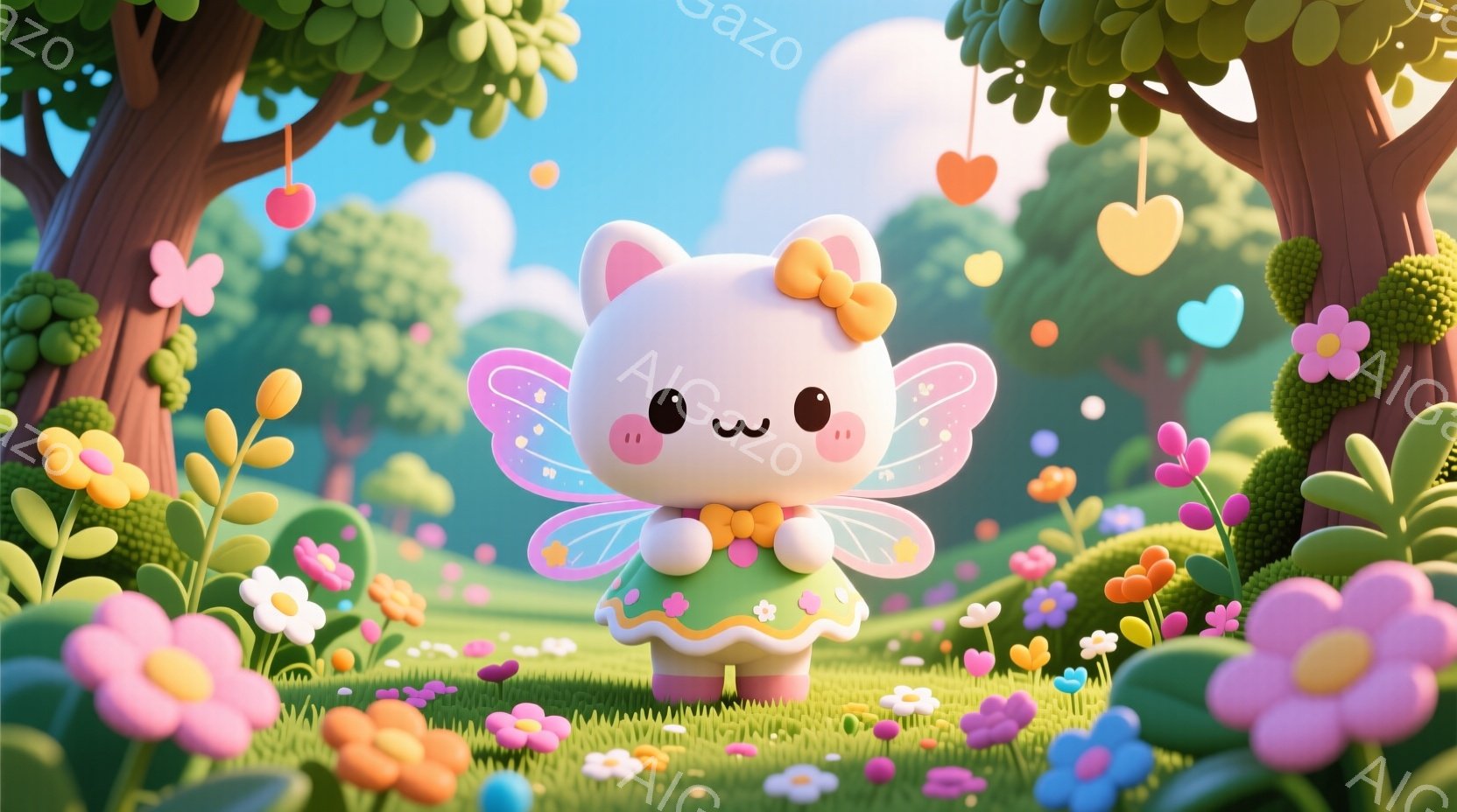 可愛らしいピンク色の妖精が、緑豊かな草原に立っています。パステルグリーンのドレスに、花柄のスカート、オレンジ色のリボン、そして透明感のある羽が特徴的で、頬はほんのり赤く、つぶらな瞳が愛らしい表情をして - AI生成フリー素材