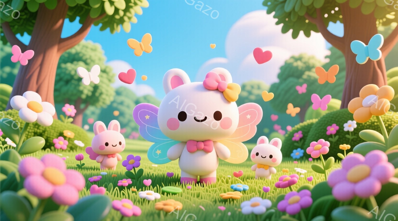 ピンク色の蝶の羽とリボンで飾られた、かわいらしいウサギのキャラクターが2匹描かれています。ウサギたちは花畑の中に立っており、顔には笑顔が浮かんでいます。背景には緑豊かな木々と、心形のモチーフが舞う、明 - AI生成フリー素材