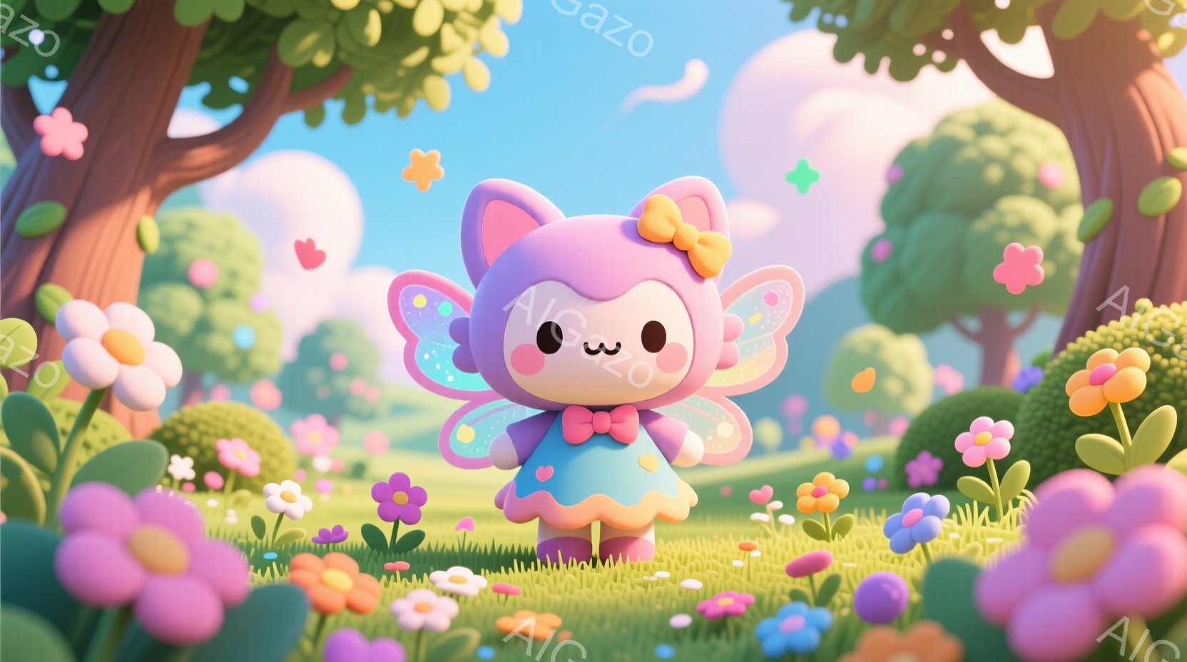 明るい緑の草原に、可愛らしい妖精が立っています。ピンク色の髪飾りと、水色のリボン、そしてきらめく羽を持った妖精は、優しい笑顔を浮かべています。背景には丸みを帯びた木々と色とりどりの花々が咲き乱れ、晴天 - AI生成フリー素材