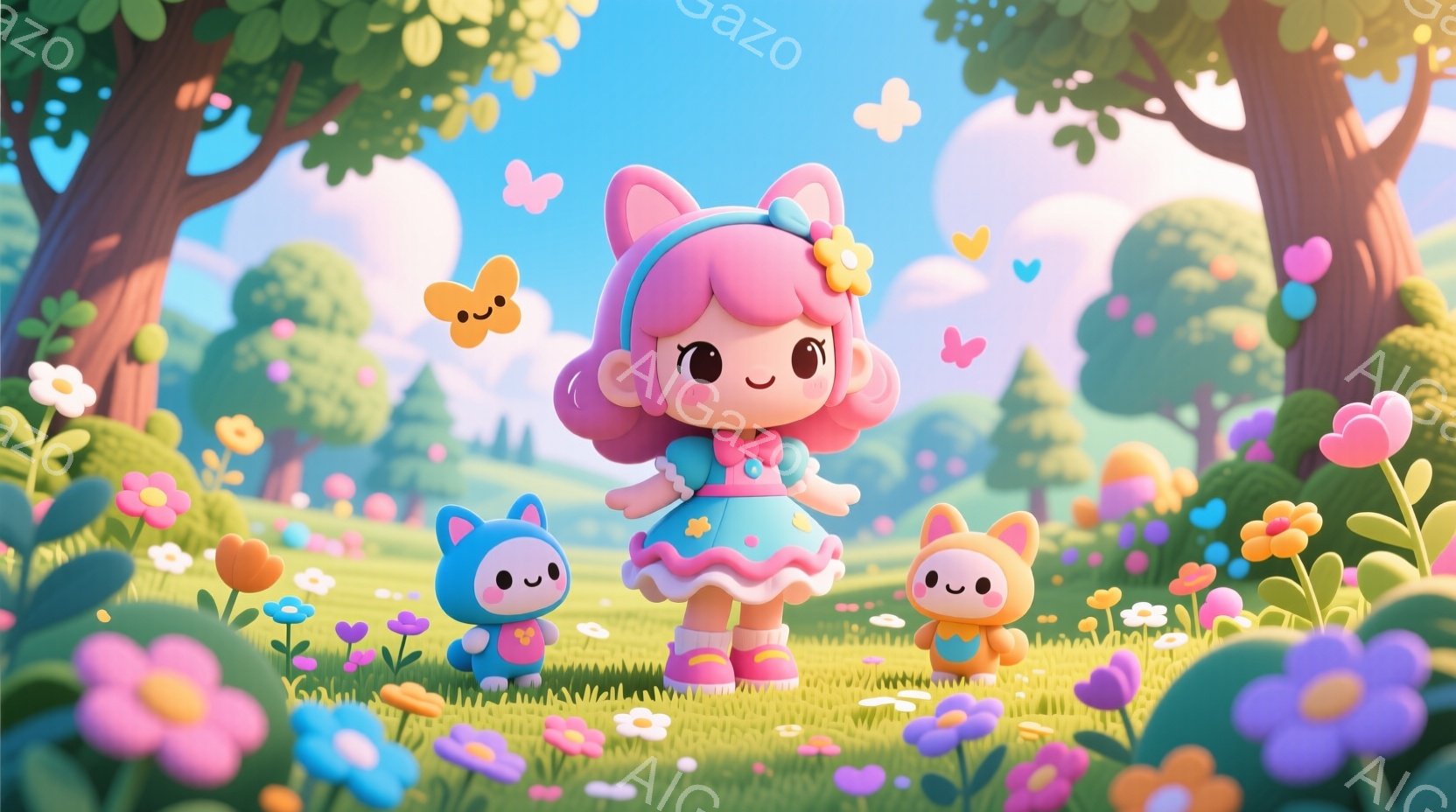 明るいピンク色の髪に大きなリボンをつけた可愛らしい少女が、緑豊かな草原に立っています。彼女は明るい水色のドレスとピンクのスカートを着ており、表情は穏やかで微笑んでいます。背景には、色とりどりの花々が咲き乱れ、かわいらしい動物たち（青いウサギとオレンジ色の鳥）が彼女の周りを囲んでおり、全体的に夢のような、牧歌的な雰囲気が漂っています。