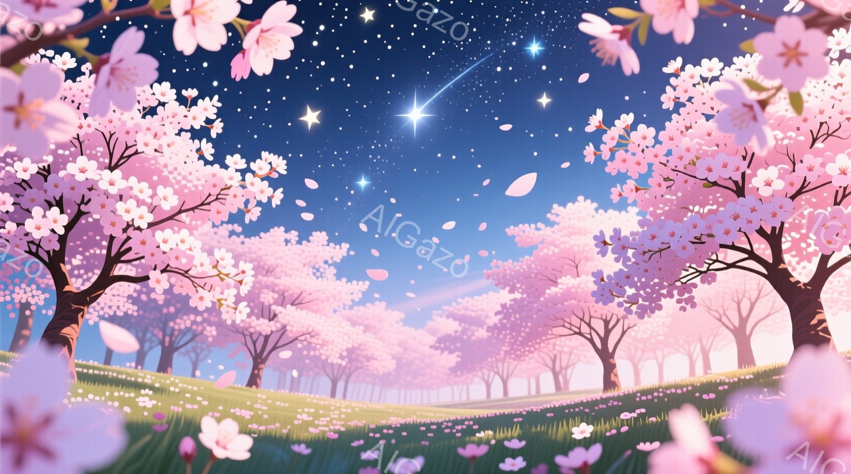 桜並木が広がる幻想的な風景で、ピンク色の桜の花びらが舞い散っている。柔らかいピンクと紫色のグラデーションが夜空を彩り、星が輝き、彗星のような光が夜空を横切っている。草むらには小さな花々が咲き乱れ、全体 - AI生成フリー素材