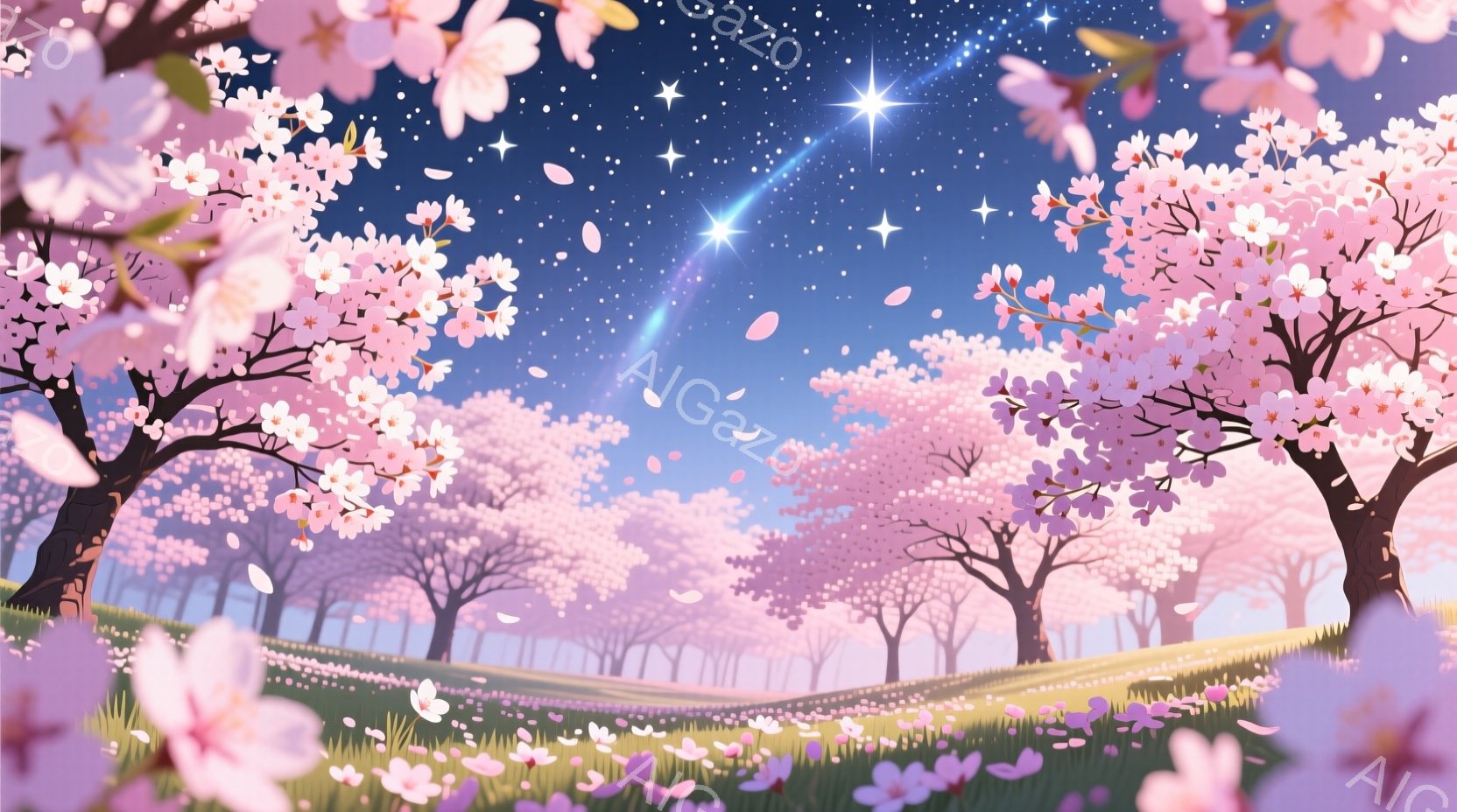 夜空を背景に、桜の木々が咲き乱れる美しい風景が描かれています。ピンク色の桜の花びらが舞い散り、緑の草原と星空が幻想的な雰囲気を醸し出しています。流れる星が夜空を彩り、春の暖かさと静けさを感じさせる穏や - AI生成フリー素材