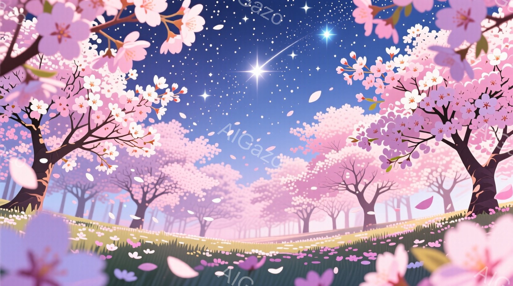 桜並木が広がる夜の風景で、ピンク色の桜の花びらが舞い散っている。遠くにはぼんやりとした山並みが見え、空には星が輝き、幻想的な雰囲気を醸し出している。鮮やかな色彩と美しい光の効果が、春の夜の温かくロマンチックな情景を表現している。