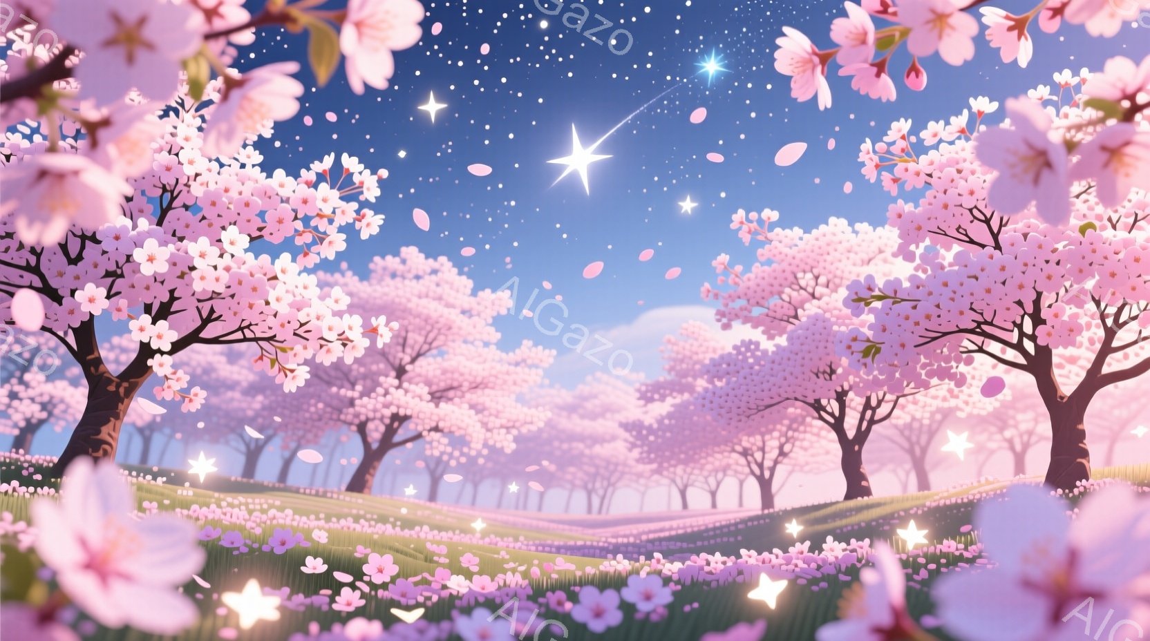 桜が満開の美しい風景です。ピンク色の桜並木が広がり、地面には桜の花びらが舞い散っています。夜空には星が輝き、幻想的な雰囲気を醸し出しています。 - AI生成フリー素材
