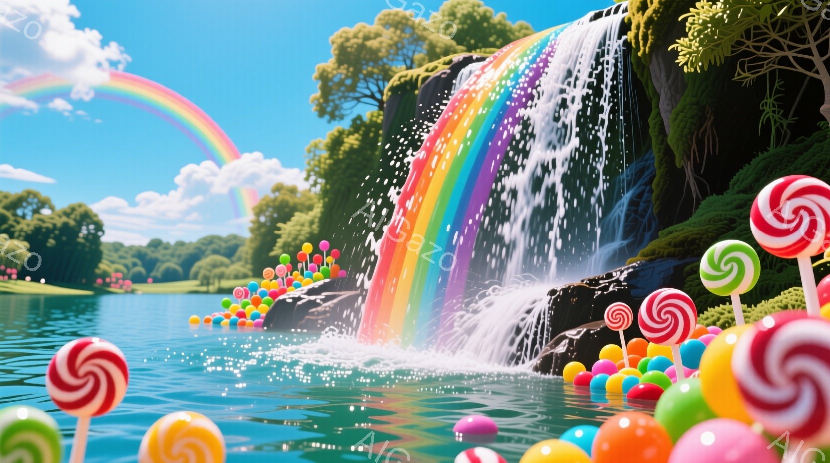 美しい滝が流れ落ち、水しぶきが太陽光に照らされて虹を作り出しています。滝壺の周りには、カラフルなキャンディーが点々と並び、まるで夢のような光景です。背景には緑豊かな木々が広がり、穏やかな夏の日の雰囲気 - AI生成フリー素材
