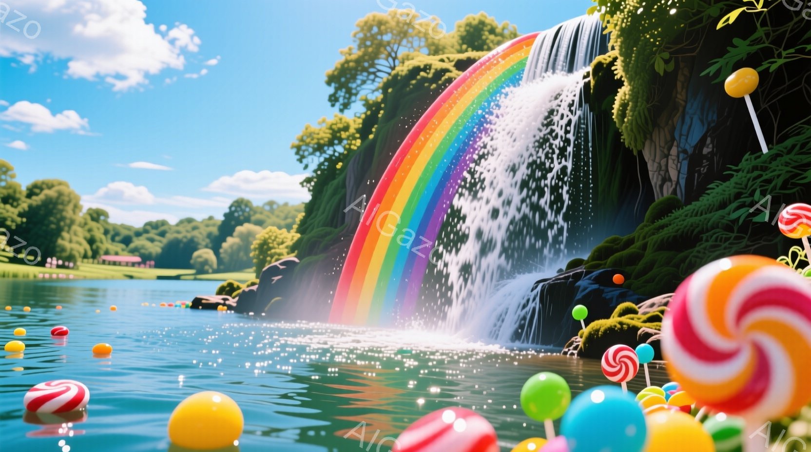 鮮やかな虹がかかる滝が印象的な画像です。滝の周囲には、カラフルなキャンディーが水面に浮かび、遊び心のある雰囲気を醸し出しています。背景には緑豊かな木々や穏やかな湖が広がり、晴天の下、幻想的な光景が広が - AI生成フリー素材