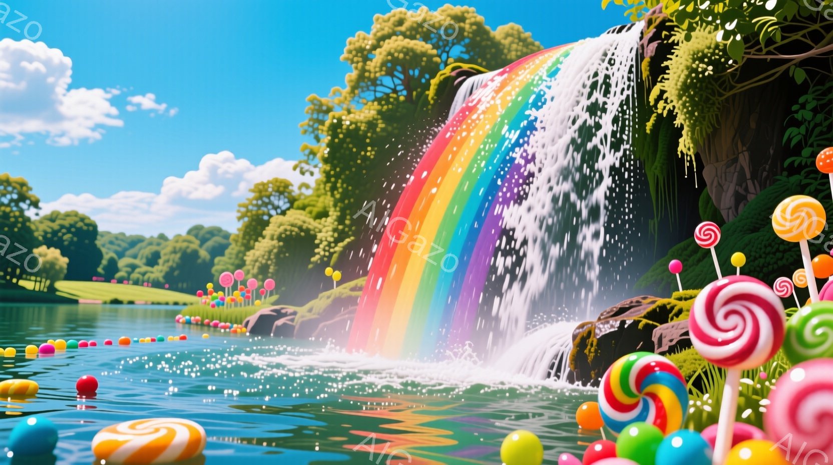 鮮やかな虹が滝のように流れ落ち、水面にはカラフルなキャンディが浮かんでいます。緑豊かな木々と青い空が背景に広がり、まるで夢のようなお菓子の国のような雰囲気です。全体的に明るく、甘くて楽しい気分になる、ファンタジーの世界を描写しています。
