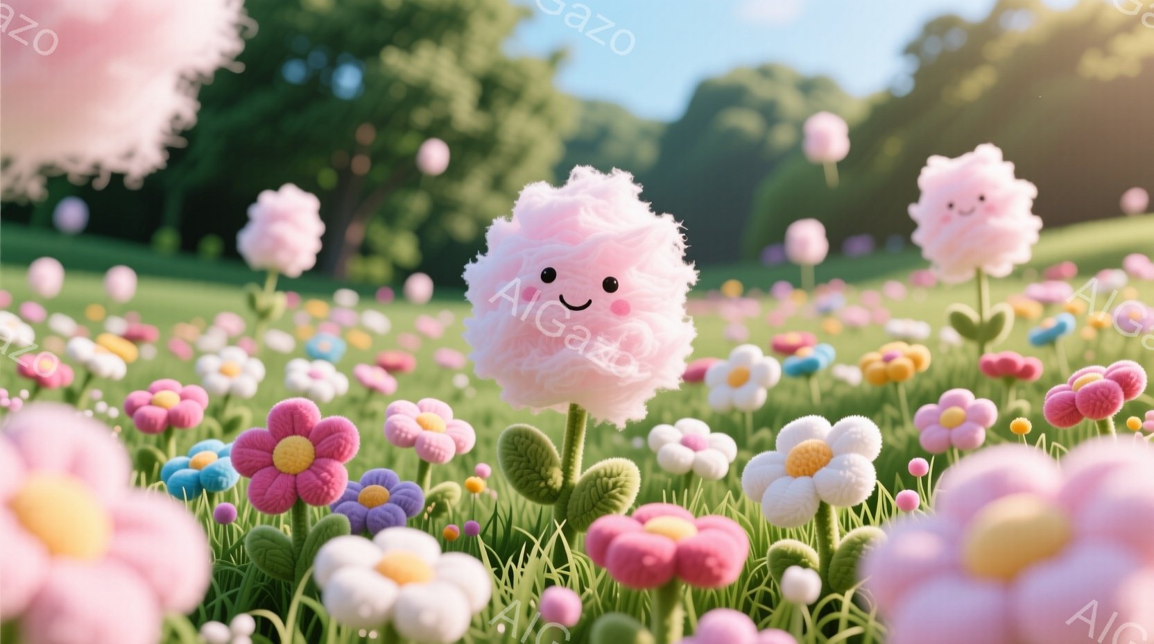 広大な草原に、綿菓子のようなふわふわとした花々が咲き乱れている。それぞれの花は可愛らしい顔を持ち、穏やかな表情を浮かべている。背景には緑豊かな木々が広がり、晴れた空の下、暖かく優しい雰囲気を醸し出している。