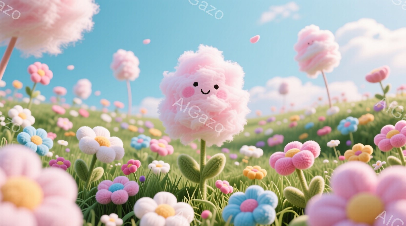 ふわふわとした綿菓子のような花々が広がる草原が描かれています。中央には、笑顔の表情をした、綿菓子のような姿のキャラクターが茎の上に立っており、可愛らしい印象を与えます。背景には穏やかな空と緑の丘が見え、全体的に夢のような、優しい雰囲気です。