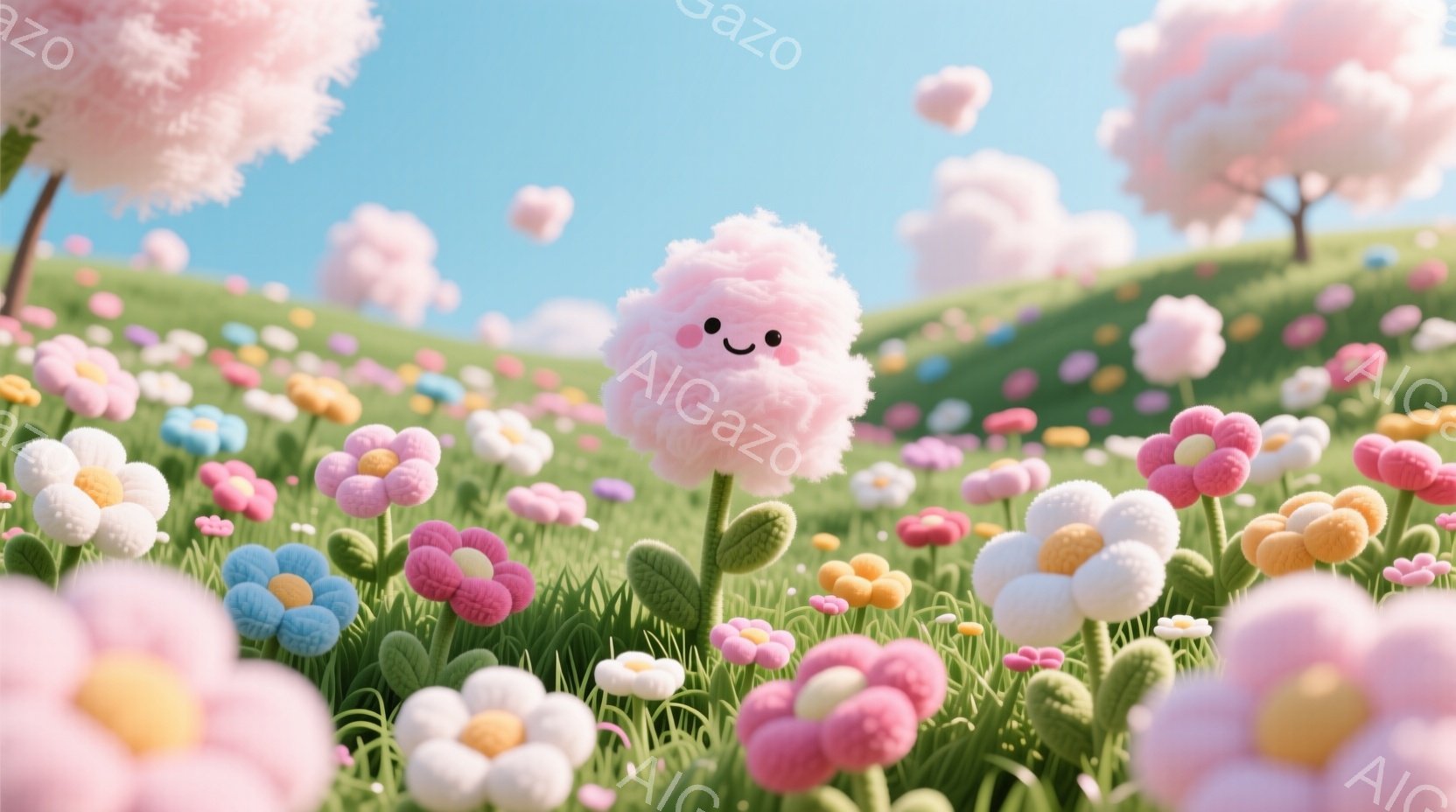 鮮やかな緑の草原に、色とりどりのポンポン花が咲き乱れている。中央には、花のような綿の塊が茎の上に座り、笑顔を見せている。背景には、同じような綿の雲のような木々と青空が広がり、全体的に可愛らしく、夢のよ - AI生成フリー素材