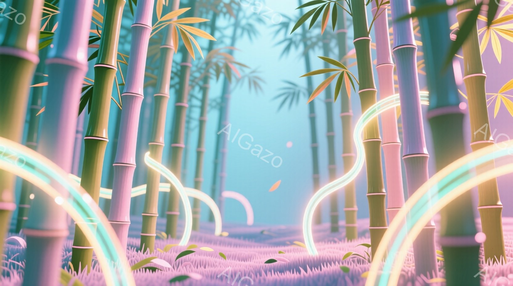 明るい青緑色の竹林が広がっており、地面は紫色の草で覆われています。光るような曲線が竹林の間を漂い、幻想的な雰囲気を醸し出しています。全体的に鮮やかで、夢のような色彩が印象的な、静かで平和な空間です。 - AI生成フリー素材