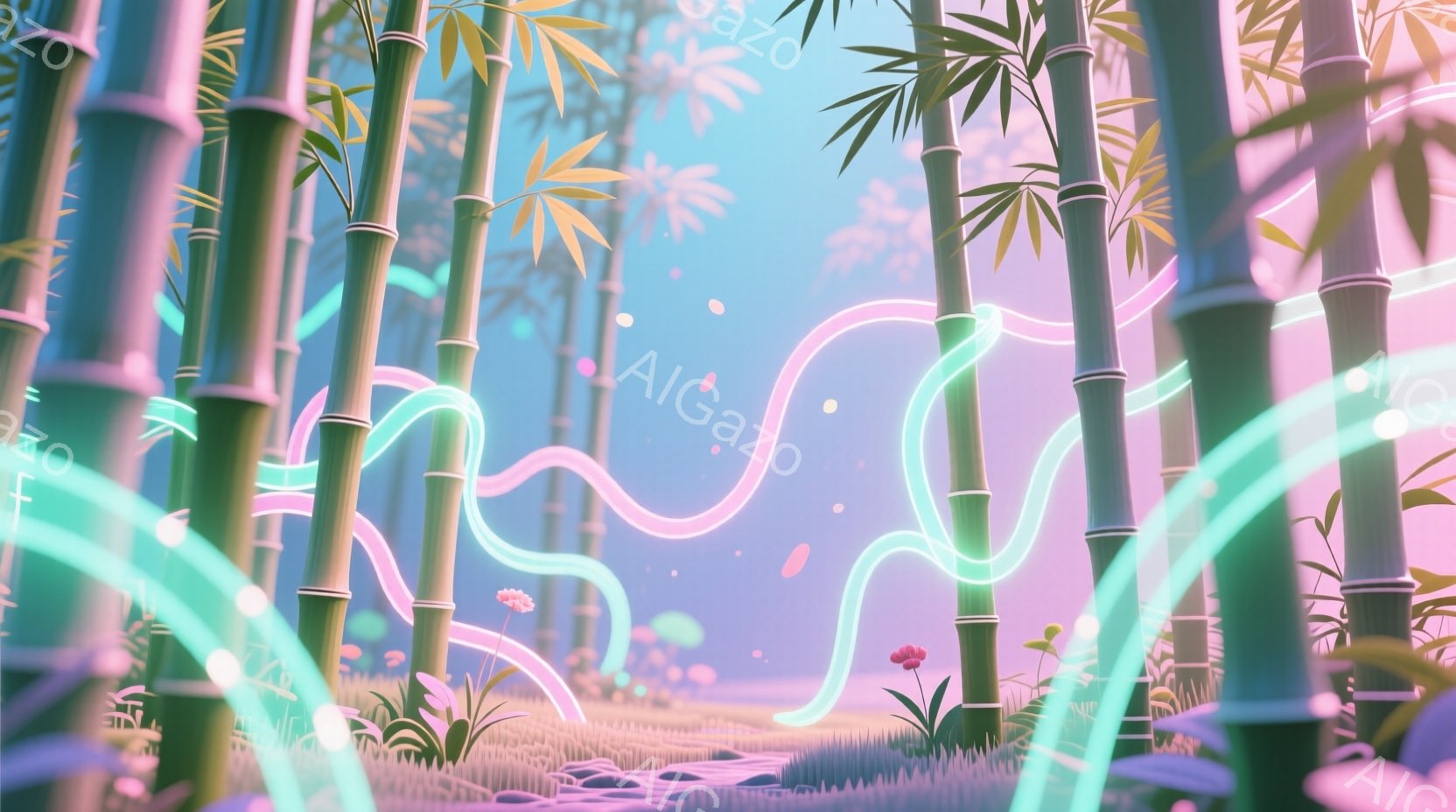 鮮やかなピンクと緑色の竹林が広がり、幻想的な雰囲気を醸し出しています。地面には薄紫色の光る道が伸び、ピンク色の花々が点在しており、まるで異世界のような光景です。空は水色からピンク色へとグラデーションしており、全体的に夢見心地で穏やかな印象を与えます。