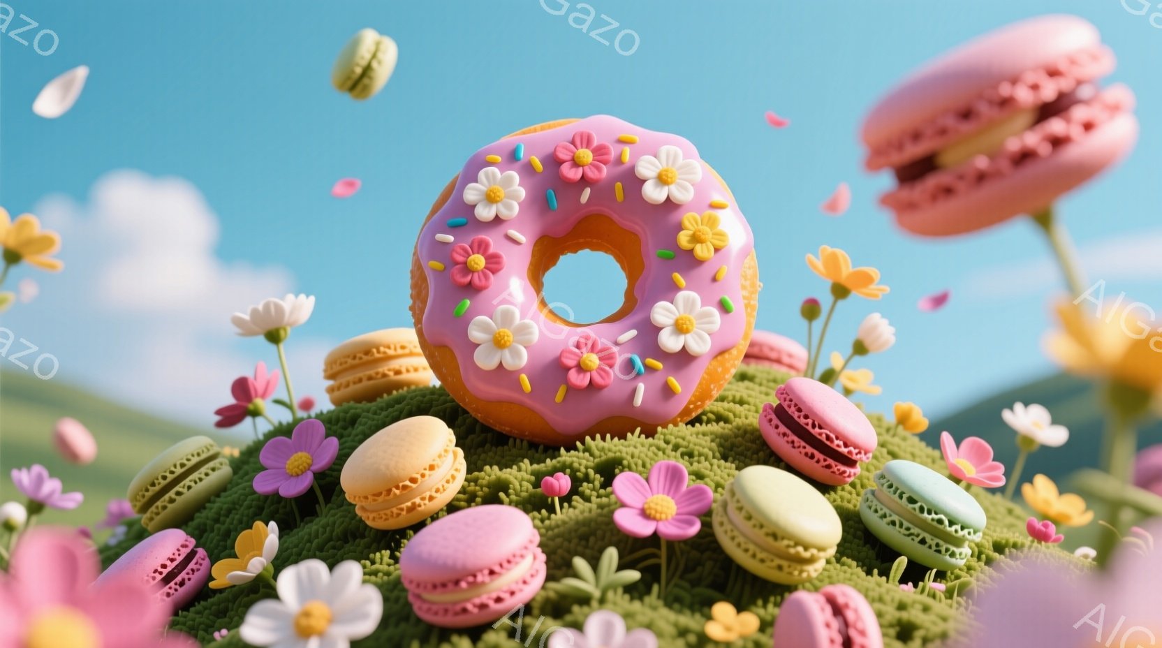 明るいピンク色のドーナツが、緑の芝生のような丘の上に浮かんでいます。周りには色とりどりのマカロンや白い小さな花が咲き乱れ、春らしい穏やかな雰囲気を醸し出しています。空は晴れやかで、暖かく楽しいお菓子の - AI生成フリー素材