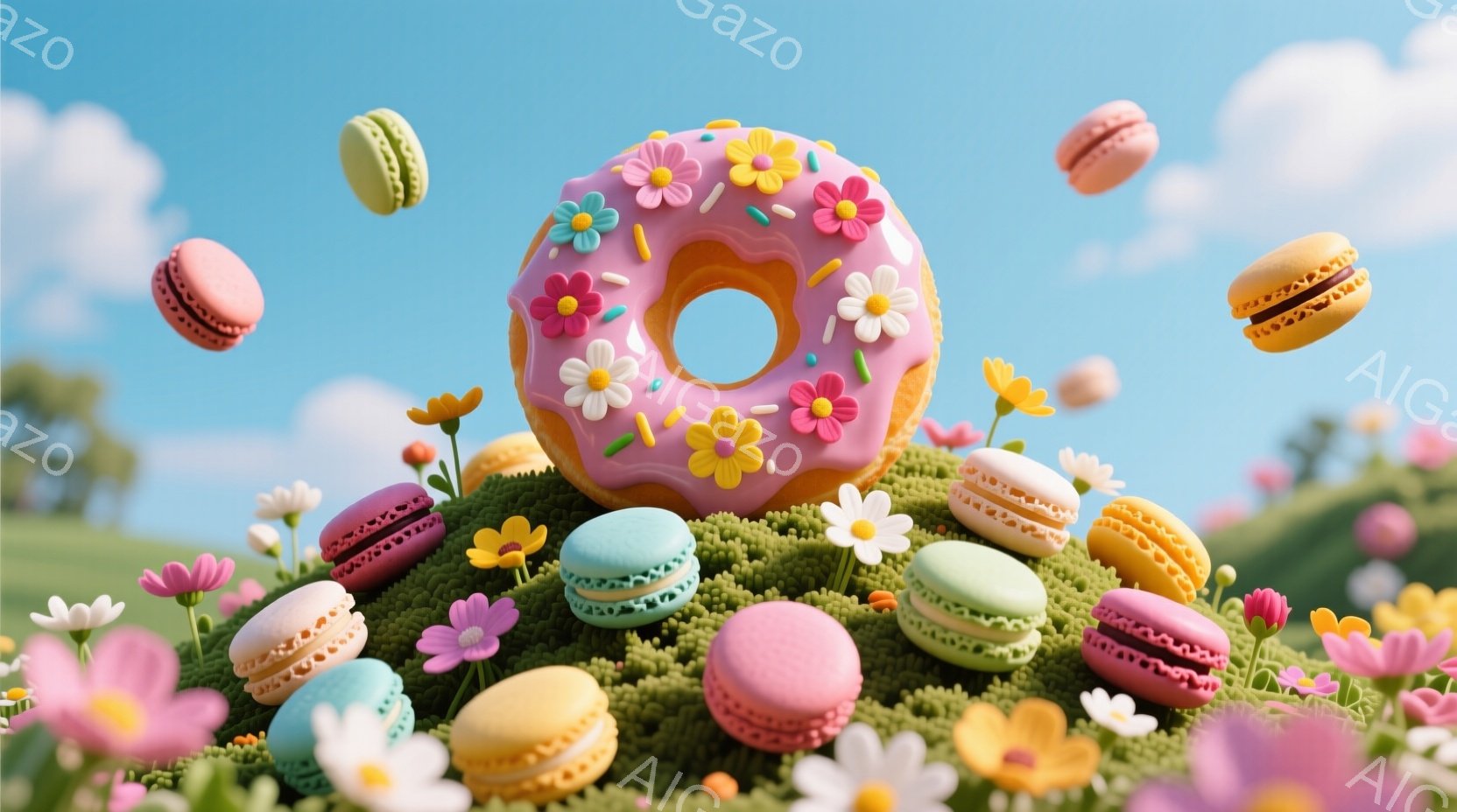 鮮やかなピンク色のアイシングがかかったドーナツが、緑の丘の上に咲き誇る花々に囲まれて浮かんでいます。様々な色のマカロンが空中に舞い、丘の上や周囲に散らばり、明るくお祭り気分のような雰囲気を醸し出してい - AI生成フリー素材