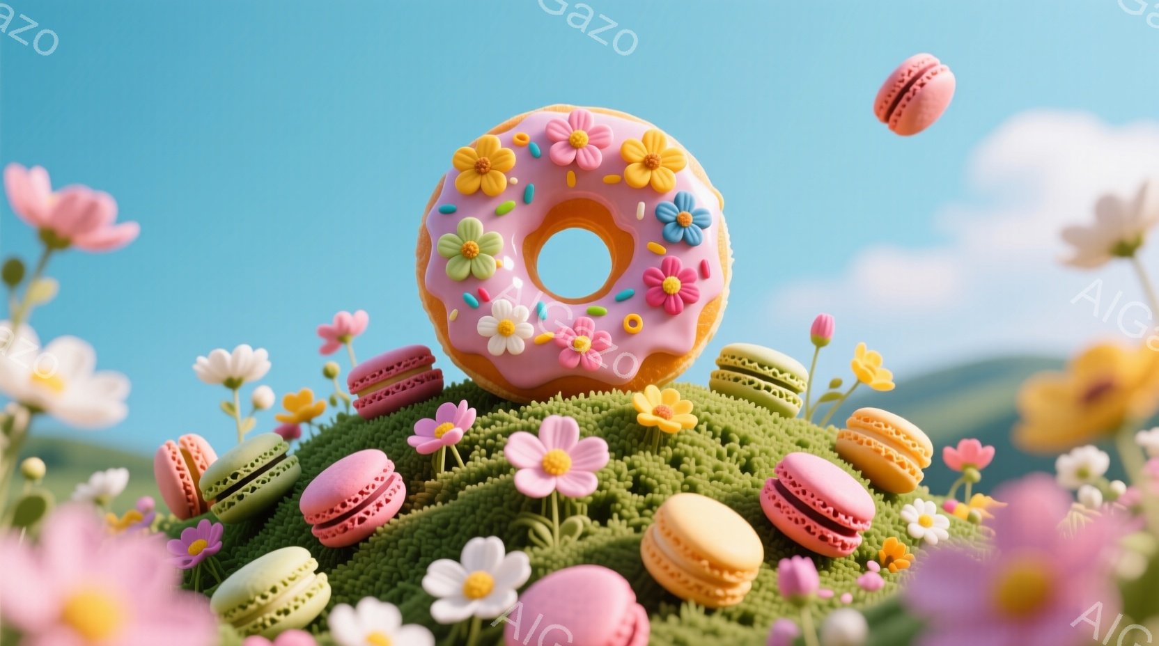 明るいピンク色のアイシングがかかったドーナツが、緑色の丘の上に浮かび、色とりどりのマカロンがその周囲を取り囲んでいます。丘は小さな花で飾られ、背景にはぼやけた山々と青空が広がっています。全体的に、春ら - AI生成フリー素材