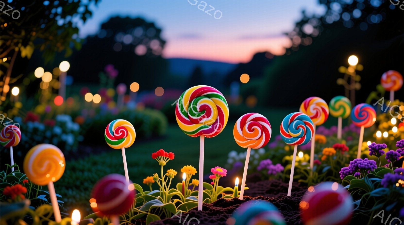 色とりどりの渦巻きキャンディが、花壇の中にまるで植物のように並んでいる光景です。背景には紫とピンクの小さな花々が咲き乱れ、ぼんやりとした夕焼け空の下、幻想的な雰囲気が漂っています。地面には小さな光が点 - AI生成フリー素材