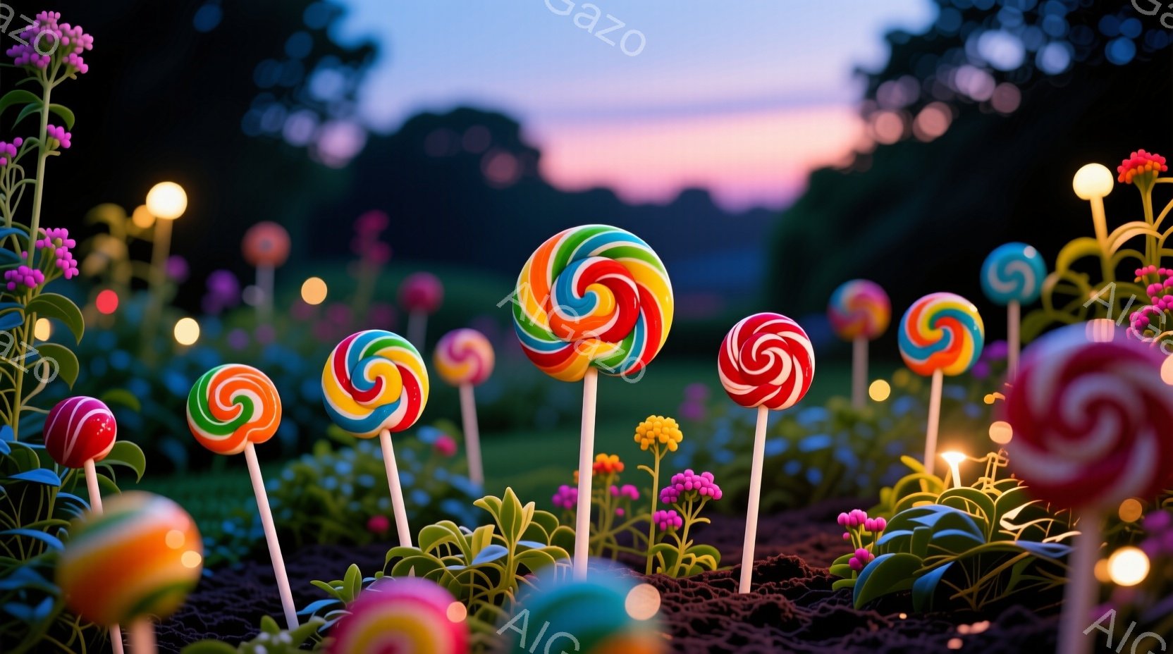 カラフルな棒付きキャンディが咲き乱れる庭園が描かれています。背景にはぼやけた緑の木々と、夕焼けのようなピンクとオレンジ色の空が広がっており、幻想的な雰囲気を醸し出しています。地面には小さな花々が咲き、 - AI生成フリー素材