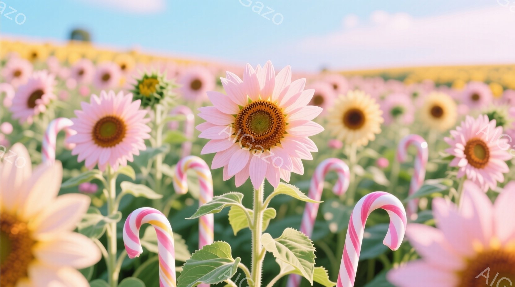 鮮やかなピンク色のひまわりが密集して咲き乱れ、まるでキャンディケーンが並んでいるような幻想的な風景が広がっています。背景は明るい空と遠くに見える緑豊かな自然で、全体的に柔らかく優しい雰囲気です。夢のよ - AI生成フリー素材