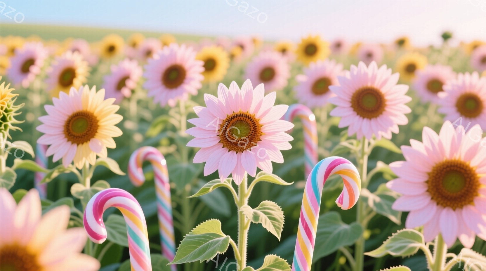 鮮やかなピンク色のひまわり畑が広がり、花の中心部は黄色く、周囲は柔らかなピンク色で彩られています。ところどころに渦巻状のカラフルなキャンディが咲き誇るひまわり畑の中に点在しており、不思議で夢幻的な雰囲 - AI生成フリー素材