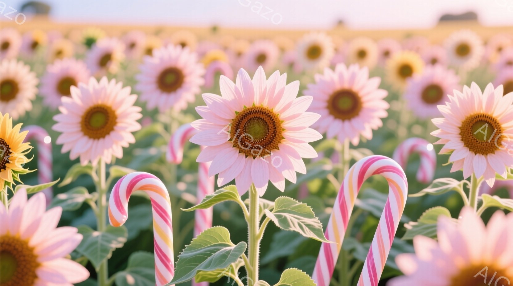 広大なひまわり畑が広がり、ピンクと白のキャンディケーンがところどころに咲き誇る花の間から伸びています。ひまわりは淡いピンク色で、中心部が黄色く、全体的に柔らかい雰囲気です。背景はぼやけており、暖かく穏 - AI生成フリー素材