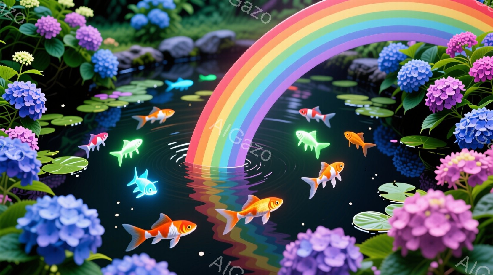 広大な池には、虹が架かり、水面には金色の鯉が優雅に泳いでいる。池の周囲には、青やピンクの美しいアジサイが咲き乱れ、幻想的な雰囲気を醸し出している。水面には波紋が広がり、鯉たちの躍動感と、穏やかな自然の - AI生成フリー素材