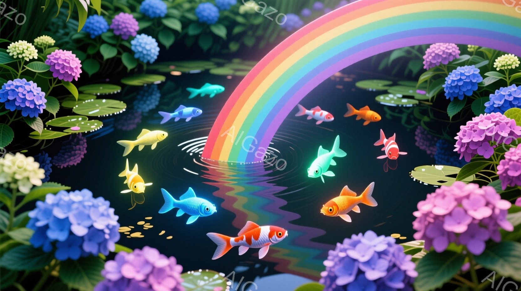 鮮やかな紫、ピンク、青色の紫陽花が画面全体を彩り、水面には虹がかかっています。水面には、金魚やその他のカラフルな魚たちが泳ぎ、水面には波紋が広がっています。全体的に幻想的で穏やかな雰囲気で、自然の美し - AI生成フリー素材