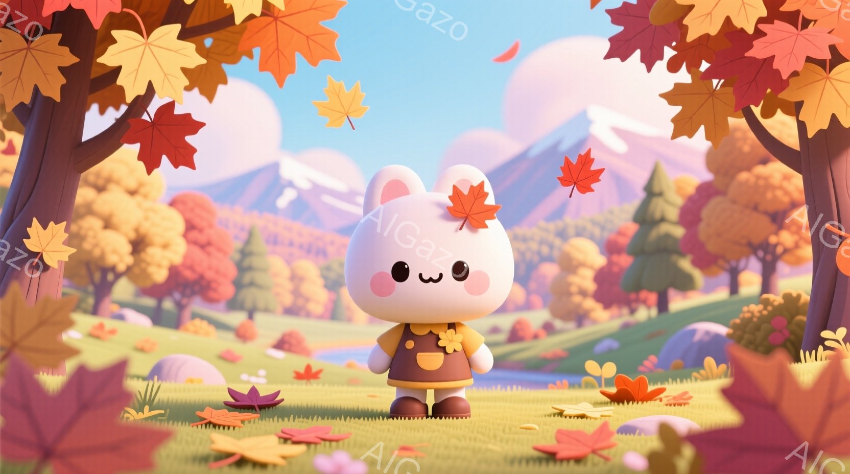 白くて丸いキャラクターが、緑の草原の中に立っています。オレンジと茶色の服を着ており、愛らしい表情をしています。背景には、鮮やかなオレンジと黄色の木々と、遠くに見える山々が広がっており、落ち葉が舞う秋の - AI生成フリー素材
