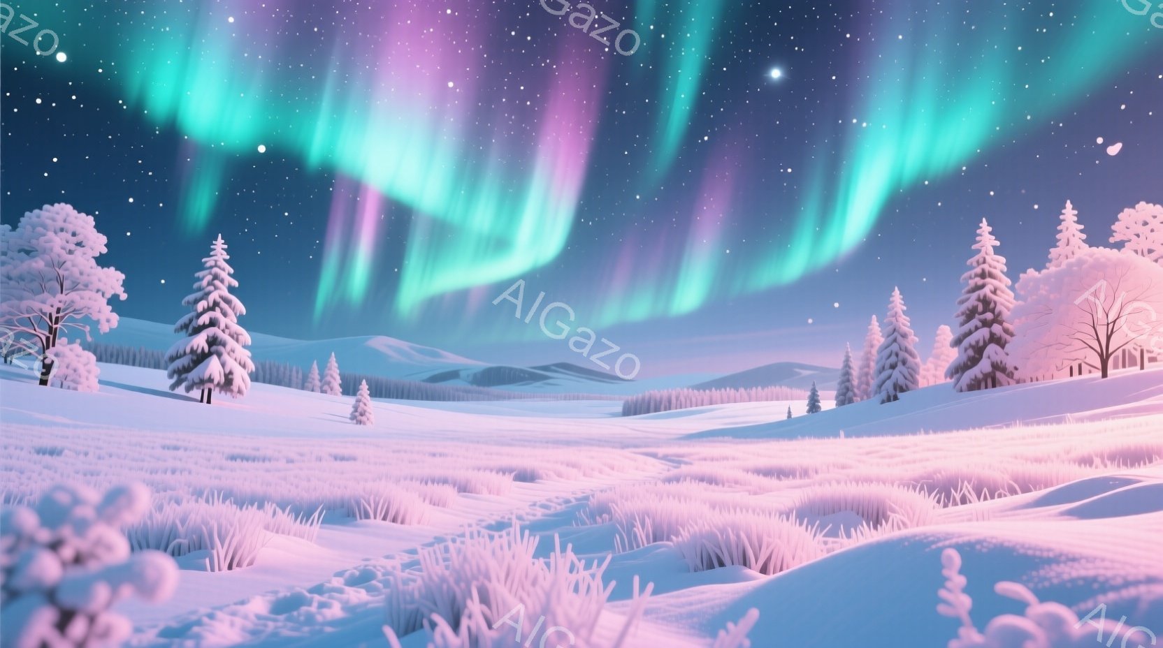 雪に覆われた丘陵地帯が広がり、遠くには雪をまとった木々が並んでいる。空にはオーロラが輝き、ピンク、緑、紫色の美しい光のカーテンが夜空を彩っている。全体的に幻想的で静寂に包まれた、冬の夜の風景だ。 - AI生成フリー素材