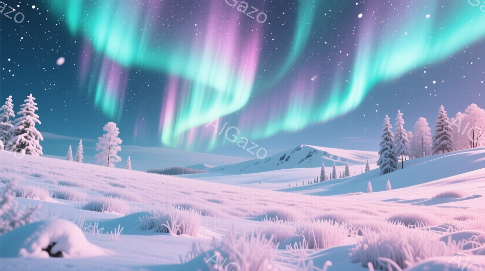 白銀に輝く雪景色が広がり、遠くには針葉樹の森が連なっている。空にはオーロラが壮麗に舞い、ピンクと緑色の光が夜空を染め上げている。全体的に静寂で幻想的な雰囲気が漂い、冬の自然の美しさを際立たせている。 - AI生成フリー素材