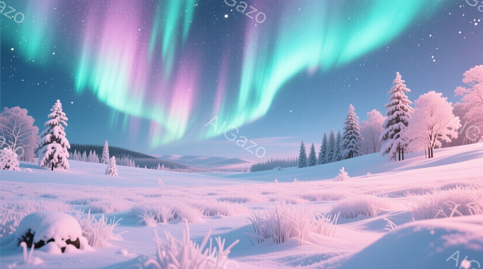 広大な雪景色が広がり、白い木々が静かに並んでいる。空にはオーロラが輝き、ピンク、緑、紫の色が混ざり合い、幻想的な光景を作り出している。雪原にはうっすらと草が生えており、背景には遠くの丘がぼんやりと見え - AI生成フリー素材