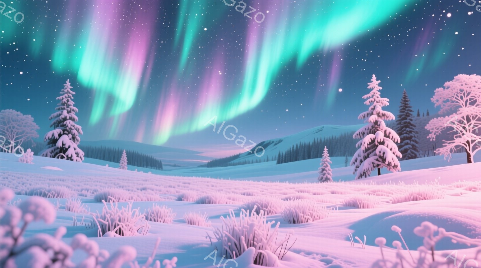 雪に覆われた丘陵地帯が広がり、背景には雪をまとった針葉樹林が連なっている。夜空にはオーロラが輝き、ピンク、紫、緑色の光が幻想的な雰囲気を醸し出している。全体的に静寂で冷たい空気感があり、冬の夜の美しさ - AI生成フリー素材