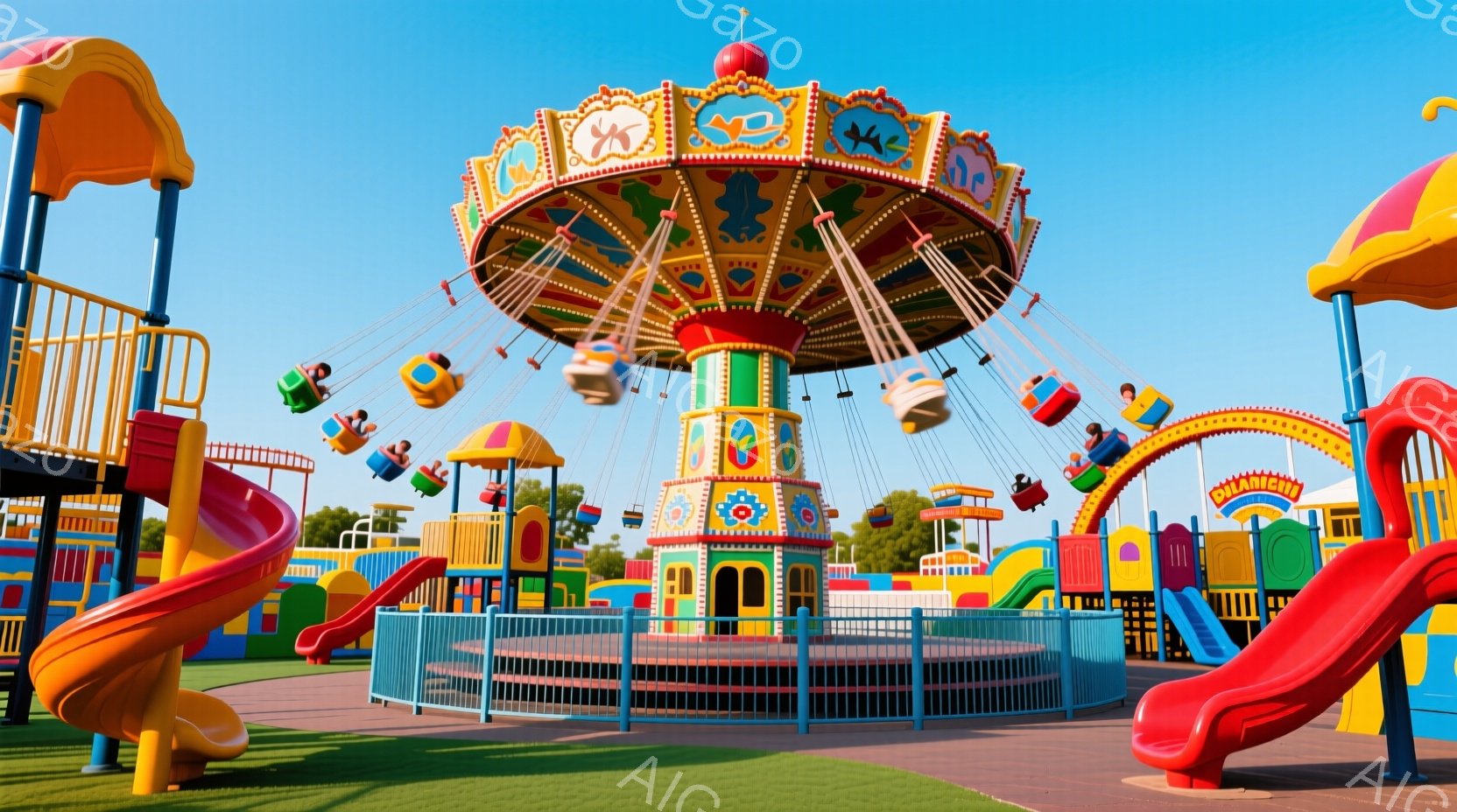 カラフルな遊園地の様子が写っている。中央には、カラフルな装飾が施された回転遊具があり、子供たちが座る座席が吊り下げられている。背景には緑豊かな芝生、滑り台、そして遠くに見える建物があり、晴天の下、活気 - AI生成フリー素材