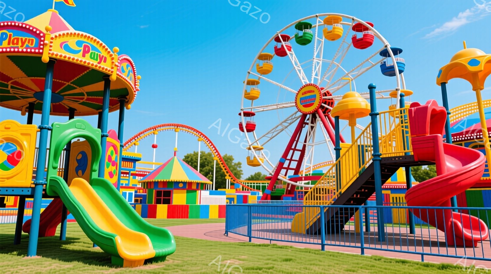 カラフルな遊具が広がる公園の風景です。メリーゴーランド、滑り台、ブランコ、観覧車など、様々な遊具が設置されており、赤、黄色、緑などの鮮やかな色が目に飛び込んできます。背景には青い空と緑の芝生が広がり、 - AI生成フリー素材