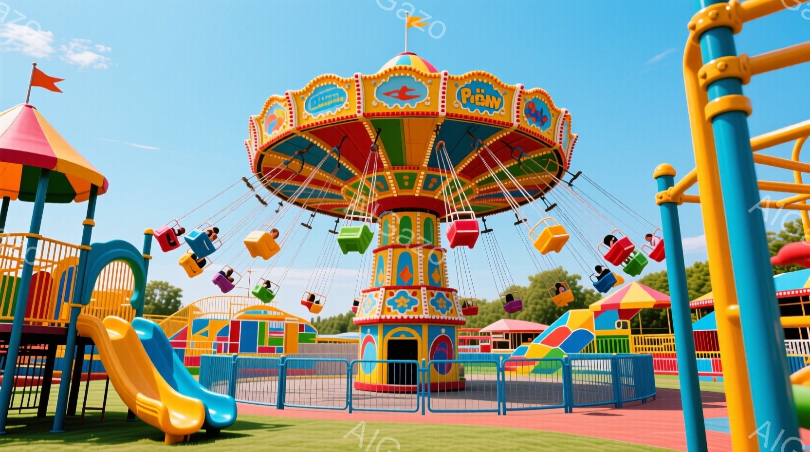 遊園地のカラフルな乗り物と遊具が並ぶ風景です。中央には、虹色の装飾が施された観覧車のような乗り物が回転しており、子供たちが楽しんでいる様子が伺えます。背景には青空が広がり、遊具の鮮やかな色彩と相まって、明るく活気のある雰囲気が漂っています。