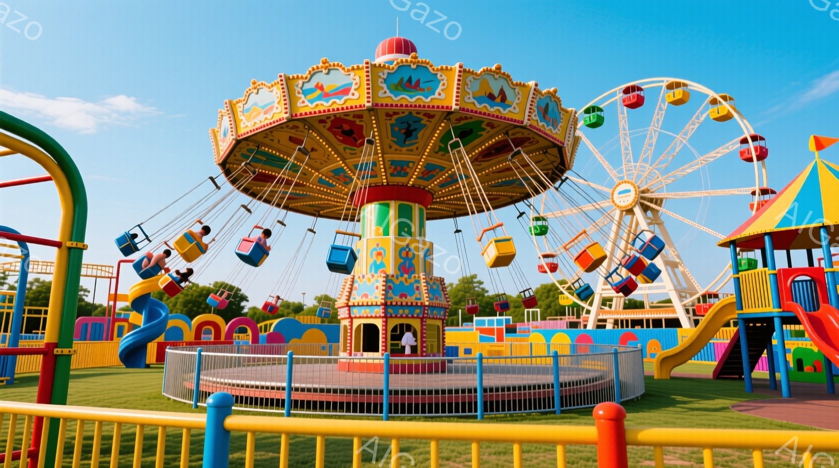 カラフルな遊園地の様子で、中央には装飾が施されたメリーゴーランドのような乗り物があります。背景には観覧車やスライド、緑豊かな芝生、そして晴れた青空が広がっており、子供たちが楽しむ活気のある雰囲気が感じ - AI生成フリー素材