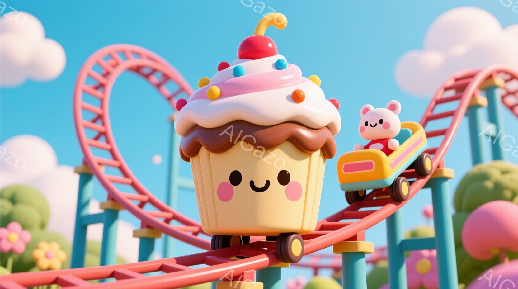 キュートなカップケーキがジェットコースターの車両として描かれており、その上に小さなテディベアが乗っています。背景にはパステルカラーの雲、花、木々が見え、明るく楽しい遊園地の雰囲気です。全体的に、甘くて - AI生成フリー素材