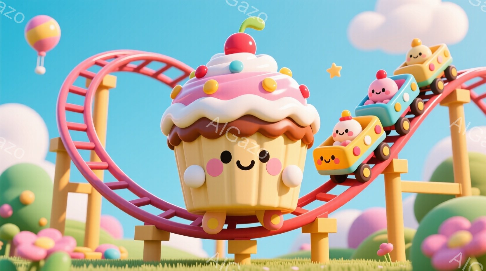 カラフルで可愛らしい遊園地を背景に、巨大なカップケーキがジェットコースターのレールの上を走っています。カップケーキは笑顔で、小さなクリームのキャラクターたちが乗った列車がコースター上を移動しており、背 - AI生成フリー素材