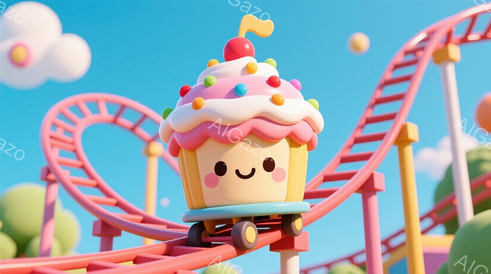 鮮やかな空を背景に、クリームとカラフルなスプリンクルを飾ったカップケーキが、おもちゃのようなジェットコースターに乗って走っている。カップケーキは愛らしい表情で、まるで遊園地を楽しんでいるかのようだ。背 - AI生成フリー素材