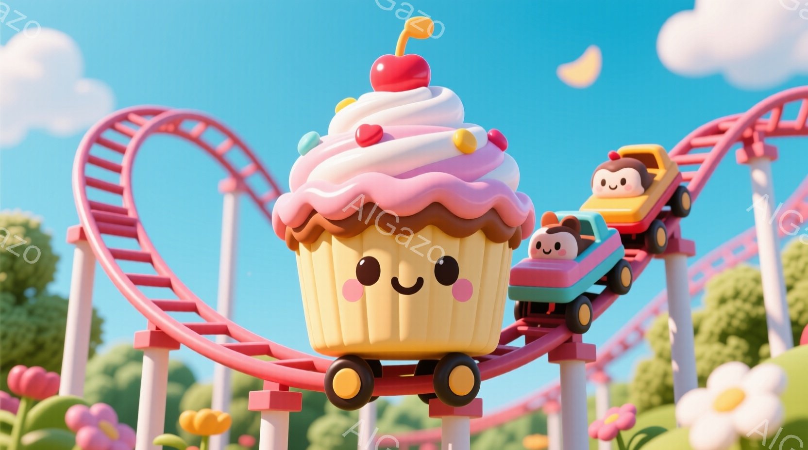 明るい青空の下、クリームとサクランボで飾られた大きなカップケーキが、赤いジェットコースターの車両を引いています。背景には緑の丘とカラフルな花が咲き乱れ、暖かく、陽気な雰囲気が漂っています。このユニーク - AI生成フリー素材